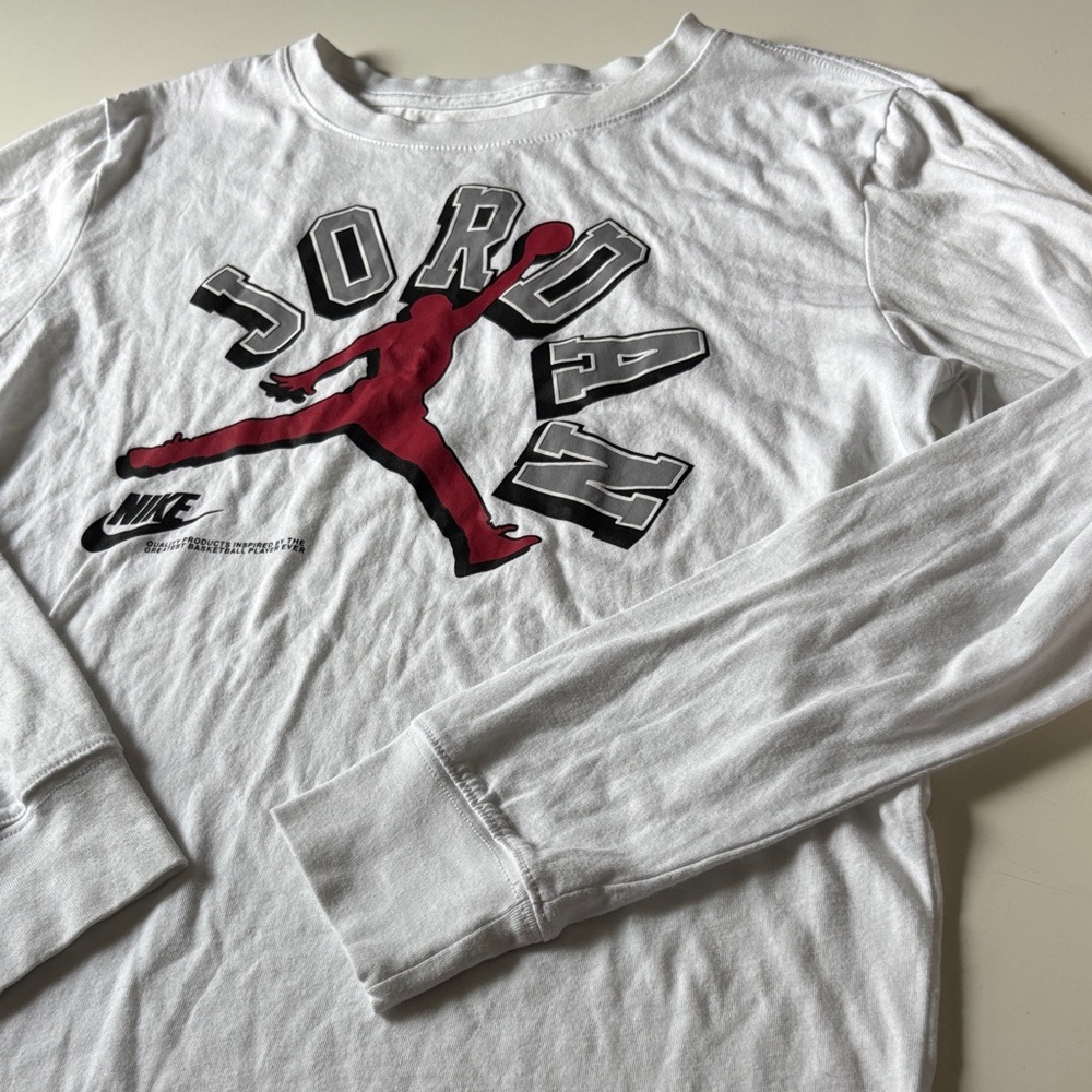 Jordan White Long Sleeve Tee with Red and Black Logo